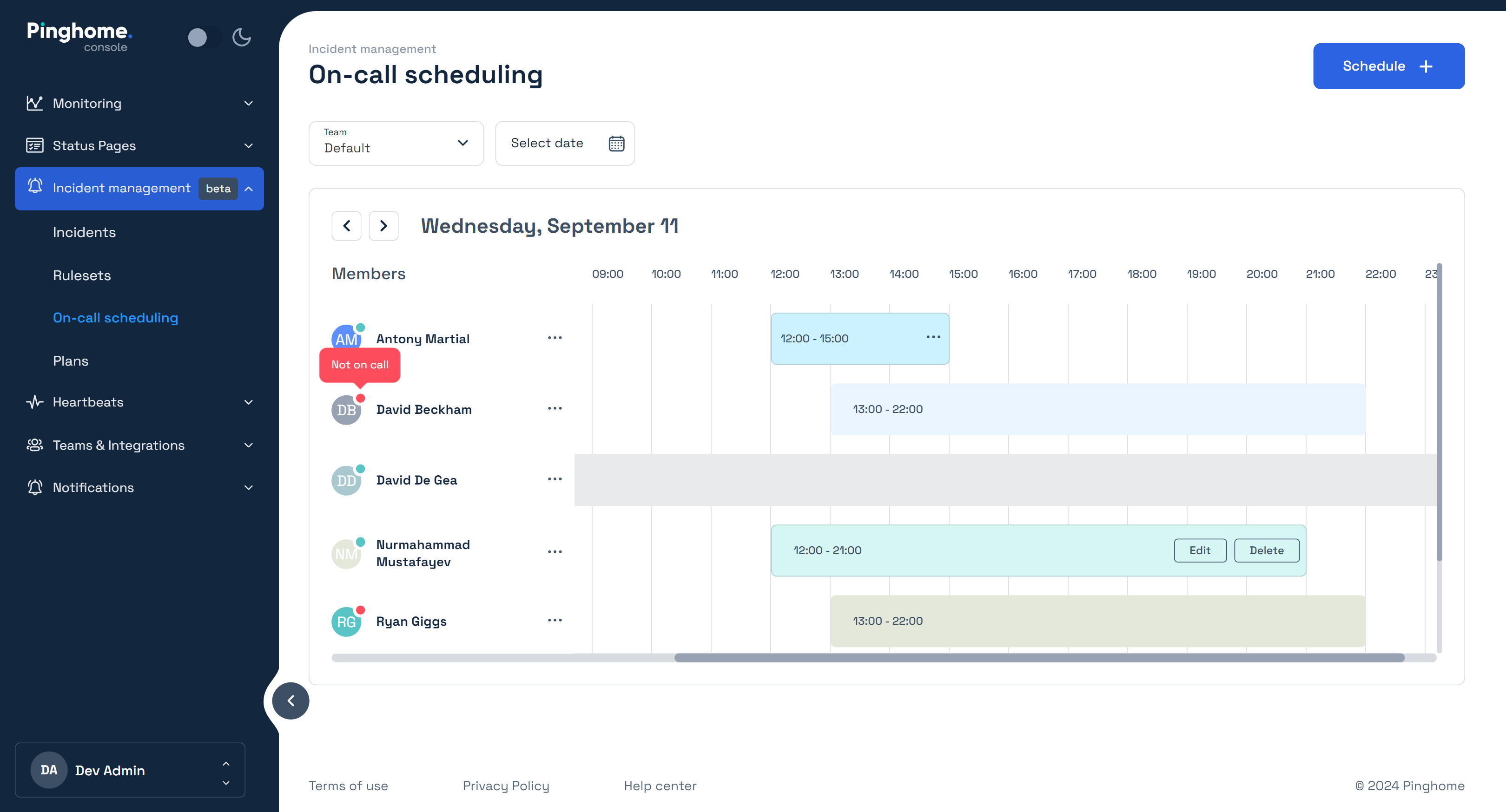 On-call schedling page for Incident Response Planning at Pinghome