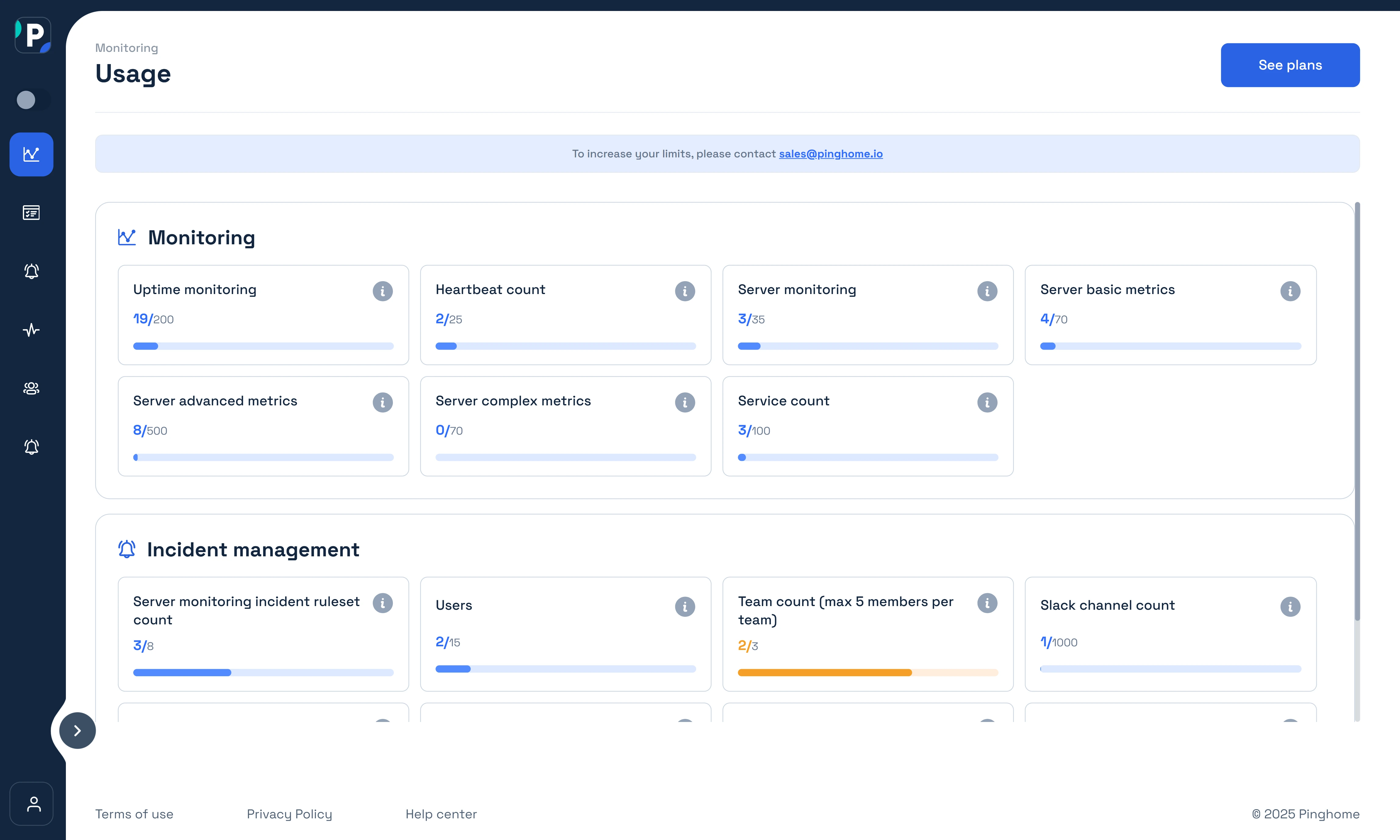 Account Usage Menu at Pinghome